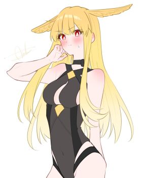 1girl abakun61 artist_name bare_arms bare_shoulders black_one-piece_swimsuit blonde_hair blush clothing_cutout covered_navel cowboy_shot fate/grand_order fate_(series) hair_wings highres long_hair looking_at_viewer official_alternate_costume one-piece_swimsuit red_eyes signature simple_background solo sweatdrop swimsuit thrud_(fate) thrud_(swimsuit_assassin)_(fate) valkyrie_(fate) white_background