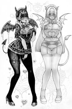 2girls :o bat_wings black_hair black_horns black_pantyhose black_tail black_wings blonde_hair blush bow bra breasts breasts_squeezed_together cleavage closed_eyes clothing_cutout corset covered_erect_nipples cum cum_in_mouth cum_on_body cum_on_breasts cum_on_clothes cum_on_hair cum_on_tongue cum_on_upper_body cumdrip curled_horns demon_girl demon_horns demon_tail demon_wings dress dripping facial frilled_bra frills full_body garter_belt garter_straps greyscale hand_on_own_chest heart heart_cutout high_heels highres hirune_(imomonono) horns huge_breasts id_card jewelry lace lace-trimmed_socks lace-trimmed_thighhighs lace_trim large_breasts lingerie long_hair looking_at_viewer maid_headdress mary_janes monochrome multiple_girls navel nurse open_mouth original panties pantyhose puffy_short_sleeves puffy_sleeves ring sex_toy shoes short_sleeves simple_background socks standing tail thick_thighs thighhighs thighs tongue tongue_out underwear vibrator vibrator_cord vibrator_in_thigh_strap white_background white_garter_belt white_thighhighs wings wrist_cuffs