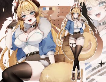 1girl absurdres animal_ears aqua_eyes belt belt_collar black_belt black_horns black_thighhighs blonde_hair boots breasts bright_pupils brown_boots brown_gloves brown_shorts camisole collar color_guide commission drawinggranny fangs fingerless_gloves gloves highres horns indie_virtual_youtuber jewelry lace-up_boots necklace open_mouth paw_print sareen_hinaku shadow shorts smile thighhighs virtual_youtuber white_camisole white_pupils