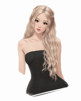 1girl black_dress blackpink blonde_hair breasts brown_eyes cropped_torso dress highres k-pop lips long_hair looking_at_viewer rose_(blackpink) small_breasts solo strapless strapless_dress umigraphics white_background