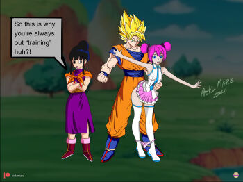 1boy 2021 2girls alternate_hair_color alternate_hairstyle aoki_marz armpits artist_name assisted_exposure bare_arms bare_shoulders black_hair blonde_hair blue_eyes blurry blurry_background boots bow bow_panties chi-chi_(dragon_ball) clothed_sex cloud crossed_arms day double_bun dragon_ball dragon_ball_super dragon_ball_z:_kakarot dragonball_z facing_viewer forced full_body grass green_eyes hair_bun hatsune_miku hetero highres looking_at_another looking_at_viewer miniskirt multiple_girls netorare outdoors panties panty_pull pink_hair pink_panties pink_skirt sex sex_from_behind short_hair skirt sky son_goku speech_bubble standing super_saiyan thigh_boots thighhighs tree underwear vocaloid white_footwear white_legwear