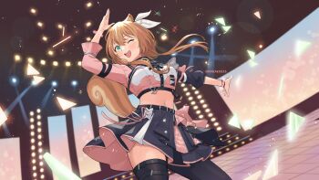 1girl absurdres animal_ear_fluff animal_ears ayunda_risu belt black_belt black_pantyhose black_skirt black_thighhighs blush bow breasts commentary english_commentary floating_hair green_eyes hair_ribbon highres hololive hololive_indonesia kyoraku_(weng3133) long_hair looking_at_viewer low_twintails medium_breasts midriff navel open_hands pantyhose pink_bow pink_ribbon ribbon single_leg_pantyhose single_thighhigh skirt smile solo squirrel_ears squirrel_girl stage textless_version thigh_strap thighhighs twintails twitter_username virtual_youtuber white_bow white_ribbon