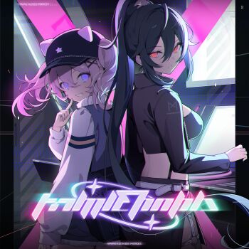 2girls album_cover animal_hat baseball_cap black_hair black_hat black_skirt cat_hat character_request cover cowboy_shot double-parted_bangs game_cg glowing glowing_eyes grin hair_between_eyes hair_ornament hat high_ponytail highres indoors kasimira_(stella_sora) looking_at_viewer median_furrow midriff miniskirt multiple_girls non-web_source official_alternate_costume official_art parted_lips pink_hair ponytail purple_eyes red_eyes short_shorts shorts side_slit skirt smile stella_sora twintails x_hair_ornament