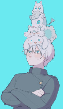 Rule 34 | 1boy, alolan form, alolan vulpix, blue background, blue eyes, blush, chiikawa, cinnamoroll, color connection, commentary request, crossed arms, crossover, frown, fuwa fuwa cinnamoroll, gen 7 pokemon, gojou satoru, hair between eyes, highres, jujutsu kaisen, long sleeves, male focus, momonga (chiikawa), moomin, nintendo, on head, pokemon, pokemon (creature), sanrio, short hair, tokoame, upper body, white hair