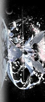 2boys absurdres astronaut black_hair black_shirt bubble character_name coat crossed_ankles elbows_on_knees falling_petals feathered_wings flying_paper full_body giant glint globe highres kim_dokja korean_text lantercat looking_at_another male_focus multiple_boys offering_hand official_alternate_costume omniscient_reader&#039;s_viewpoint open_clothes open_coat outstretched_hand paper petals pink_wings planet popped_collar shirt short_hair sideways sitting sky space spacesuit sparkle star_(sky) starry_moon starry_sky typewriter white_coat white_wings wind wind_lift wings yoo_joonghyuk