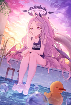 1girl absurdres ahoge arm_support bare_legs barefoot bent_over blue_archive blurry cloud cloudy_sky collarbone commentary_request demon_girl demon_horns demon_wings depth_of_field feet forehead hair_ornament hairclip halo highres hina_(blue_archive) hina_(swimsuit)_(blue_archive) horns in_water legs long_hair looking_at_viewer name_tag official_alternate_costume official_alternate_hairstyle okkimon old_school_swimsuit one_side_up outdoors parted_bangs pool poolside purple_eyes rubber_duck school_swimsuit shallow_water sidelocks sitting sky soles solo swimsuit toes twilight water wavy_hair white_hair wings