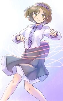 1girl back_bow black_skirt blush bow brown_hair collared_shirt commentary_request hairband hands_up knees knees_together_feet_apart one-hour_drawing_challenge petticoat purple_background purple_bow purple_hairband rangycrow shirt short_hair skirt smile solo touhou tsukumo_yatsuhashi white_shirt yellow_eyes