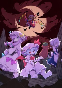 Rule 34 | 5girls, absurdres, apron, asameshi, back bow, bat wings, beret, black shoes, blonde hair, blue bow, blue hair, blue ribbon, blue vest, blunt bangs, book, boots, bow, braid, brooch, closed eyes, crescent, crescent hat ornament, crescent moon, crystal, dress, fang, flandre scarlet, full body, green bow, green dress, green skirt, grey hair, hair bow, hair over eyes, hat, hat ornament, hat ribbon, highres, holding, holding book, holding polearm, holding weapon, hong meiling, izayoi sakuya, jewelry, laevatein (touhou), long hair, long sleeves, maid headdress, medium hair, mob cap, moon, multiple girls, open mouth, outdoors, patchouli knowledge, pink boots, pink dress, pointy ears, polearm, puffy short sleeves, puffy sleeves, purple eyes, purple hair, red eyes, red hair, red ribbon, red skirt, red sky, red vest, remilia scarlet, ribbon, shirt, shoes, short sleeves, skin fang, skirt, sky, smile, socks, touhou, vest, waist apron, weapon, white shirt, white socks, wide sleeves, wings, wrist cuffs