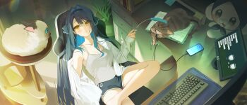 1girl animal barefoot black_hair black_hairband black_shorts blue_hair book breasts cable camisole cat cat_teaser cellphone chair cleavage closed_mouth collarbone colored_inner_hair colorpoint_(pattern) commentary_request computer_keyboard crossed_legs deskmat dolphin_shorts drawer dress_shirt from_above gangzi_(vtuber) hairband highres indoors iop5509 long_hair long_sleeves medium_breasts monitor multicolored_hair off_shoulder office_chair official_art phone plant potted_plant shirt short_shorts shorts siamese_cat single_off_shoulder sitting smile solo stellive sticky_note swivel_chair tabby_cat table very_long_hair virtual_youtuber white_camisole white_shirt yellow_eyes