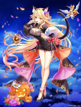 1girl animal_ear_fluff animal_ears arched_back backless_outfit baizu_(guszx) bare_back bent_over black_tail blonde_hair blush bow breasts brown_flower brown_rose cat_ears cat_tail cherry cleavage cleavage_cutout clothing_cutout commentary_request dragon dress extra_ears fake_animal_ears flower food fruit full_body grey_sweater hair_ornament halloween hand_up highres holding large_breasts licking long_hair long_sleeves looking_at_viewer official_art open_mouth petals pink_bow pumpkin purple_flower purple_rose red_bow red_eyes ribbon rose rose_petals shironeko_project sierra_(shironeko_project) small_dragon smile solo standing sweater sweater_dress tachi-e tail thighs turtleneck turtleneck_sweater very_long_hair virgin_killer_sweater white_dragon