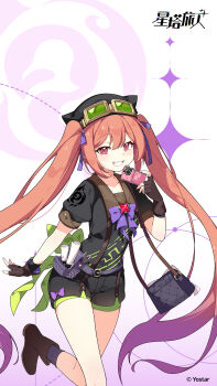 Rule 34 | 1girl, :3, :d, black hat, black shirt, black shorts, boots, brown boots, camera, chinese commentary, commentary request, copyright logo, copyright notice, cowboy shot, goggles, goggles on headwear, gradient hair, green shorts, grin, hat, highres, holding, holding camera, layered shorts, leg up, logo, looking at viewer, mistique (stella sora), mistique (united harvest) (stella sora), multicolored hair, official art, open mouth, orange hair, pink eyes, puffy short sleeves, puffy sleeves, purple hair, shirt, short sleeves, shorts, smile, solo, standing, standing on one leg, stella sora