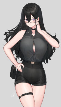 1girl bare_shoulders black_hair black_shirt breasts button_gap classy-black-haired_girl_(hayabusa) cleavage collared_shirt glasses hayabusa_(vert_320) highres large_breasts long_hair mole mole_under_eye mole_under_mouth multiple_moles original purple_eyes shirt short_shorts shorts sleeveless thigh_strap