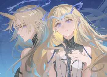 Rule 34 | 2girls, absurdres, anheyu, bare shoulders, blonde hair, blue background, blue eyes, breasts, cartethyia (wuthering waves), closed mouth, crown of thorns, dual persona, earrings, fleur-de-lis, fleurdelys (wuthering waves), floating earrings, hand on own chest, highres, horns, jewelry, large breasts, long hair, long horns, looking at viewer, missing commentary, multiple earrings, multiple girls, necklace, parted bangs, parted lips, pointy ears, single horn, small breasts, tacet mark (wuthering waves), wuthering waves, yellow horns