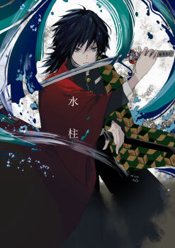 1boy absurdres belt black_hair black_jacket black_pants blue_eyes buttons closed_mouth commentary_request demon_slayer_uniform gold_buttons hair_between_eyes hand_up haori high_collar highres holding holding_sheath holding_sword holding_weapon jacket japanese_clothes katana kikkoumon kimetsu_no_yaiba long_hair low_ponytail male_focus minorun_(kurome) pants ponytail print_haori red_haori sheath solo spiked_hair sword tomioka_giyuu translation_request v-shaped_eyebrows water weapon white_belt