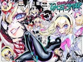 1girl ballet_slippers barcode black_bodysuit black_hairband blonde_hair blue_eyes bodysuit breasts cellphone character_name chibi chibi_inset commentary copyright_logo cover_sketch grin gwen_stacy hairband hashtag-only_commentary holding holding_phone hood hooded_bodysuit logo long_hair marvel medium_breasts multicolored_bodysuit multiple_persona multiple_views phone qr_code smile spider-gwen spider-man_(series) spider-verse spider_web_print sunao_saito superhero_costume symbiote symbol-only_commentary teeth two-tone_bodysuit v white_bodysuit