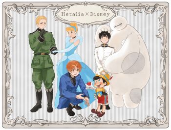 1girl 4boys ahoge apple axis_powers_hetalia baggy_pants baymax belt big_hero_6 black_belt black_boots black_choker black_gloves black_hair black_necktie black_shirt black_shoes black_vest blonde_hair blue_bow blue_bowtie blue_dress blue_eyes blue_gloves blue_hairband blue_jacket blue_pants blush book boots bow bowtie breast_pocket brown_eyes brown_shoes buttons choker cinderella_(disney_character) cinderella_(disney_movie) closed_eyes collared_jacket collared_shirt country_connection crossover disney doll doll_joints dress elbow_gloves food fruit full_body germany_(hetalia) gloves green_jacket green_pants hairband hand_on_another&#039;s_head hand_on_own_chin hand_up hat hat_feather hat_ornament highres holding holding_book holding_food holding_fruit holding_hands jacket japan_(hetalia) joints lapels lips long_dress long_sleeves looking_at_another mandarin_collar military_jacket military_uniform multiple_boys necktie northern_italy_(hetalia) open_clothes open_mouth open_vest orange_eyes orange_hair pants petting pinocchio_(disney_character) pinocchio_(disney_movie) pocket princess red_shorts robot shirt shoes short_hair shorts sleeveless sleeveless_dress smile soji_777 squatting standing striped_background teeth v-shaped_eyebrows vest white_background white_gloves white_jacket white_pants wide_sleeves yellow_hat yellow_shirt