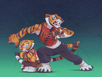 2girls aged_down angry animal_ears artist_name bandaged_leg bandages bare_arms bare_shoulders black_pants body_fur brown_pants claws clenched_teeth closed_eyes colored_sclera commentary crying dual_persona english_commentary fangs fighting_stance from_side full_body furry furry_female gradient_background green_background kung_fu_panda kyander legs_apart looking_ahead multiple_girls open_mouth orange_eyes orange_fur outstretched_arm pants red_vest standing tail tears teeth tiger_ears tiger_girl tiger_stripes tiger_tail tigress_(kung_fu_panda) two-tone_background v-shaped_eyebrows vest whiskers yellow_sclera