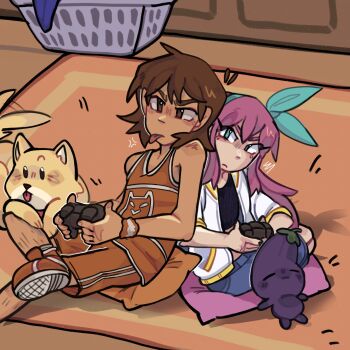1boy 1girl aubrey_(faraway)_(omori) aubrey_(omori) blue_eyes blue_hairband blue_skirt blush brown_eyes brown_hair closed_mouth controller crossed_legs dark-skinned_male dark_skin denim denim_skirt dog game_controller hairband hector_(omori) highres holding holding_controller holding_game_controller ibbysss jacket kel_(faraway)_(omori) kel_(omori) laundry_basket long_hair mr._plantegg_(omori) omori orange_shorts pillow pink_hair rug short_hair short_sleeves shorts sitting skirt stuffed_eggplant stuffed_toy tongue tongue_out white_jacket