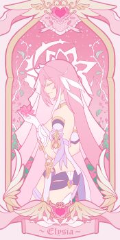 1girl absurdres black_shorts breasts card_(medium) character_name chinese_commentary commentary_request corset crystal crystal_flower elysia_(herrscher_of_human:_ego)_(honkai_impact) elysia_(honkai_impact) highres holding holding_crystal honkai_(series) honkai_impact_3rd large_breasts long_hair multicolored_hair pink_hair qianyinrichangchipangban short_shorts shorts sideboob signet_of_ego solo tarot tarot_(medium) two-tone_hair veil very_long_hair white_corset white_hair white_veil