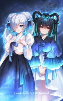2girls aqua_hair black_hair blue_eyes blue_hanbok blush breasts cinderella_(nikke) clothing_cutout colored_inner_hair dress goddess_of_victory:_nikke hair_intakes hair_over_one_eye hanbok highres korean_clothes large_breasts little_mermaid_(nikke) long_hair looking_at_viewer multicolored_hair multiple_girls one_eye_covered smile trhisell underboob very_long_hair white_hair white_hanbok yellow_eyes
