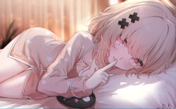 Rule 34 | 1girl, absurdres, arm up, blurry, blurry background, bottomless, breasts, brown hair, cleavage, corrupted twitter file, finger to mouth, hair ornament, halo, head on pillow, highres, index finger raised, indie virtual youtuber, kutar22, long sleeves, lying, on bed, on side, pajamas, parted lips, pink eyes, pink pajamas, short hair, solo, stuffed toy, tokusari kukuri, virtual youtuber, x hair ornament