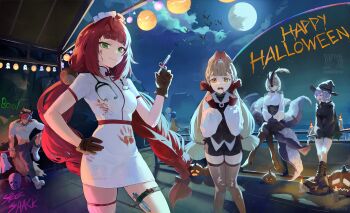 2boys 4girls alice_thymefield alternate_costume animal_ears bat_(animal) belle_(delicate_sunlight)_(zenless_zone_zero) belle_(zenless_zone_zero) black_dress black_skirt black_thighhighs blonde_hair blood blood_on_cheek blood_on_clothes braid closed_mouth dog_boy dog_ears dog_tail dress fingerless_gloves full_moon gloves halloween halloween_costume hand_on_own_hip happy_halloween hat heterochromia highres holding holding_syringe jack-o&#039;-lantern komano_manato long_hair looking_at_viewer low_twin_braids low_twintails lucia_elowen monster_girl moon multiple_boys multiple_girls night night_sky nurse nurse_cap official_alternate_costume open_mouth pumpkin rabbit_ears rabbit_girl red_eyes red_gloves red_hair scylla shirt skirt sky syringe tail tentacle_girl tentacles thigh_strap thighhighs twin_braids twintails ukinami_yuzuha very_long_hair white_dress white_hat white_shirt wise_(soaring_crane)_(zenless_zone_zero) wise_(zenless_zone_zero) witch_hat yellow_eyes yidhari_murphy yukii91218 zenless_zone_zero