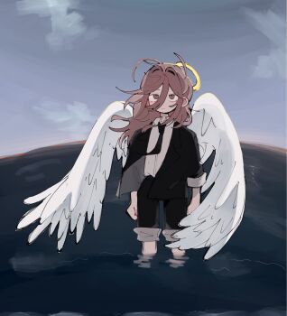 1boy androgynous angel_devil_(chainsaw_man) angel_wings black_jacket black_necktie black_pants chainsaw_man commentary_request floating_hair grey_sky hair_between_eyes halo highres jacket jitome male_focus medium_hair necktie open_clothes open_jacket outdoors pants pants_rolled_up red_eyes red_hair shirt shirt_tucked_in sky sleeve_cuffs solo standing suit_jacket tenten11_twt water white_shirt white_wings wings yellow_halo