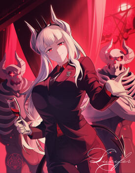 1girl 2others black_jacket black_necktie black_pants blinking_inside_eyes crossed_arms crown cup demon demon_girl demon_horns demon_tail gloves helltaker highres holding holding_cup horns jacket light_smile long_hair looking_at_viewer lucifer_(helltaker) multiple_others necktie office_lady pants red_eyes red_shirt reignbeaux13 shirt skeleton skeleton_(helltaker) standing tail white_gloves white_hair white_horns window