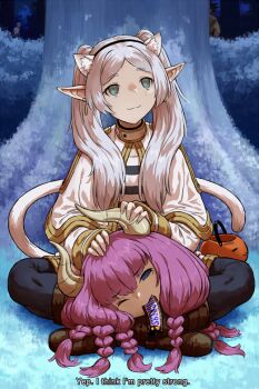 2boys 2girls :3 animal_ears aura_(sousou_no_frieren) blue_eyes boots braid capelet cat_ears cat_tail dragon_ball earrings elf english_text fake_animal_ears floating_earrings forest frieren full_body green_eyes halloween_bucket halloween_costume haraya_manawari horns jewelry long_hair long_sleeves looking_up multiple_boys multiple_girls nature night one_piece outdoors parted_bangs pink_hair pointy_ears roronoa_zoro son_goku sousou_no_frieren tail teardrop_earrings tears tree twintails white_capelet white_hair