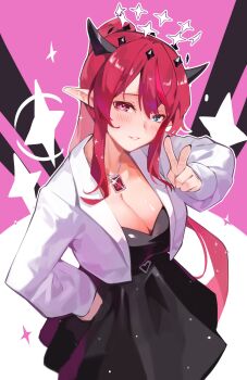 Rule 34 | 1girl, absurdres, black dress, blue eyes, breasts, cleavage, commentary, double halo, dress, halo, hand on own hip, heterochromia, highres, hololive, hololive english, irys (hololive), jacket, jewelry, large breasts, long hair, looking at viewer, namiorii, necklace, parted lips, pink eyes, pointy ears, ponytail, purple hair, red streaks, sidelocks, solo, star halo, symbol-only commentary, v, very long hair, virtual youtuber, white jacket