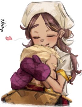 1boy 1girl bandana brown_bandana brown_hair brown_shirt character_request closed_eyes commentary_request crossover dark-skinned_female dark_skin double_bun gundam hair_bun highres hug kantai_collection lilshigu military_uniform one-hour_drawing_challenge oven_mitts shirt thick_eyebrows thonburi_(kancolle) thonburi_(nanakusagayu)_(kancolle)