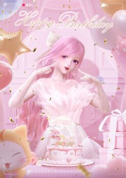3d balloon blurry blurry_foreground cake chinese_commentary collarbone commentary_request dress earrings elbow_gloves food gift gloves happy_birthday highres indoors jewelry lips lipstick long_hair looking_at_viewer makeup miracle_nikki momo_(nikki) necklace nikki_(nikki) nikki_(series) official_art parted_lips pink_eyes pink_hair pointing pointing_at_self recording shining_nikki table wall white_dress white_gloves