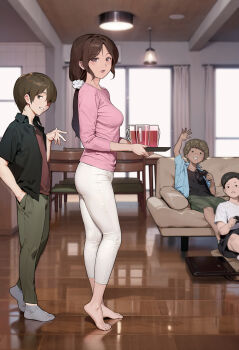 1girl 3boys absurdres age_difference ass barefoot blurry blurry_background breasts chinese_commentary commentary_request controller couch curtains day drink feet from_side game_controller glass highres holding holding_controller holding_drink holding_plate imminent_netorare indoors legs living_room long_hair long_sleeves looking_at_viewer mature_female medium_breasts multiple_boys no_shoes on_couch on_floor open_mouth original pants partial_commentary pink_shirt plate playing_games playing_video_games reflection sato-san_(yewang19) shirt short_hair sitting standing toes walking white_pants window wooden_floor yewang19