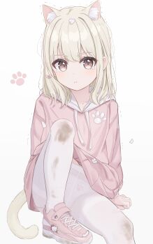 1girl absurdres animal_ears bow cat cat_ears cat_tail dirty dirty_clothes dirty_legwear gachigachi hair_bow hello_kitty highres hood hoodie leggings loli original panties panties_under_pantyhose panty_peek pantyhose parfait_(gachigachi) paw_panties paw_print paw_print_pattern pink_bow pink_hoodie pink_shoes sanrio scuff_marks see-through_clothes see-through_legwear shoes sneakers tail underwear white_cat white_hair white_leggings white_pantyhose white_tail