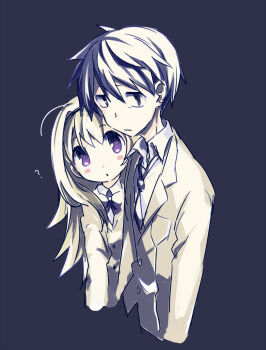 1boy 1girl ? behind_another black_background black_bow black_bowtie black_eyes black_hair black_necktie blazer blonde_hair blush_stickers bow bowtie brother_and_sister chaos;head closed_mouth collared_shirt cropped_torso head_tilt highres jacket long_hair long_sleeves looking_at_viewer looking_to_the_side mamimu_(ma-mi-mu.me) necktie nishijou_nanami nishijou_takumi purple_hair school_uniform science_adventure shirt short_hair siblings simple_background yellow_jacket