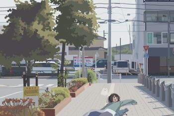 1girl :o absurdres black_eyes black_hair blush bollard building cityscape commentary crosswalk green_shirt highres house japan kyora_san long_sleeves no_lineart on_floor open_mouth original outdoors parking_lot planter power_lines road road_sign scenery sheet_ghost shirt short_hair sidewalk sign smile solid_oval_eyes solo stop_sign street tree utility_pole x_eye