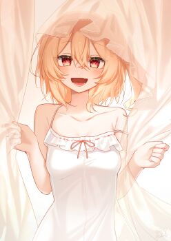 1girl absurdres armpit_crease blonde_hair blush breasts chemise collarbone commentary double-parted_bangs fang flandre_scarlet frilled_chemise hair_between_eyes highres kodouirasto looking_at_viewer one_side_up skin_fang small_breasts smile solo strap_slip touhou upper_body white_chemise