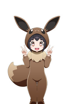 1girl :d black_hair blush_stickers brown_eyes child commentary_request cosplay double_v eevee eevee_(cosplay) eevee_ears eevee_tail gen_1_pokemon hands_up heart heart-shaped_pupils highres hood hood_up ika_daishougun long_sleeves looking_at_viewer nintendo onesie open_mouth poke_kid_(pokemon) pokemon pokemon_swsh short_hair simple_background smile solo symbol-shaped_pupils teeth thigh_gap tongue upper_teeth_only v white_background