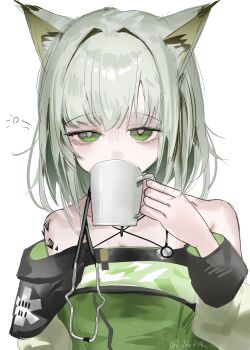 1girl absurdres arknights bare_shoulders commentary drink green_eyes grey_hair grey_pupils highres holding holding_drink horobu kal'tsit_(arknights) long_sleeves looking_at_viewer material_growth medium_hair off_shoulder oripathy_lesion_(arknights) simple_background sleepy solo squeans star_of_life stethoscope stethoscope_around_neck twitter_username upper_body watermark white_background