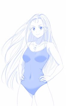 1girl breasts cleavage competition_swimsuit covered_navel glasses hands_on_own_hips highres kofune_ushio legs long_hair looking_at_viewer medium_breasts multiple_girls necktie one-piece_swimsuit smile solo summertime_render swimsuit thighs very_long_hair viperxtr