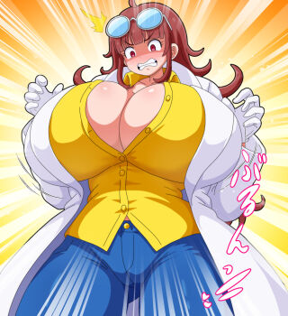 1girl alternate_breast_size_(larger) blue_pants blunt_bangs breast_expansion brown_hair clenched_teeth closed_mouth coat denim glasses_on_head gloves highres hitokiwa_kenchin lab_coat may_russelheart pants red_eyes shirt standing teeth unbuttoned unbuttoned_shirt unmei_no_makimodoshi white_coat white_gloves yellow_background yellow_shirt