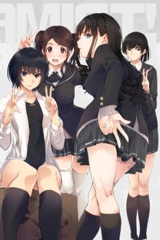 4girls amagami black_bow black_bowtie black_eyes black_hair black_jacket black_one-piece_swimsuit black_ribbon black_sailor_collar black_socks blazer blue_eyes bow bowtie box brown_eyes brown_hair cardboard_box closed_mouth collarbone commentary_request curly_hair double_v drill_hair feet_out_of_frame from_behind grey_skirt hair_ribbon hairband jacket kibito_high_school_uniform kneehighs kneepits long_hair long_sleeves looking_at_viewer looking_back medium_hair morishima_haruka multiple_girls nakata_sae nanasaki_ai on_box one-piece_swimsuit open_mouth pleated_skirt profile ribbon sailor_collar santa_(sunflower) school_uniform second-party_source shirt short_hair sitting sitting_on_box skirt skirt_tug socks standing swimsuit swimsuit_under_clothes thighhighs thighs tsukahara_hibiki twintails v white_shirt white_thighhighs winter_uniform zettai_ryouiki