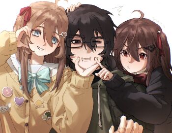 Rule 34 | 1boy, 2girls, :d, ahoge, aqua bow, aqua bowtie, black-framed eyewear, black cardigan, black hair, blue eyes, blue sailor collar, bow, bowtie, broken heart, broken heart hair ornament, brown hair, cape, cardigan, cheek poking, cheek squash, collared shirt, curled fingers, dated, dgucedunno, drawstring, evil neuro-sama, furrowed brow, girl sandwich, glasses, green cape, green hoodie, grin, hair between eyes, hair ornament, hair ribbon, half-closed eyes, hand on another's chin, hand on another's head, head tilt, heads together, heart, heart hair ornament, heart hands, heart hands duo, hexagon print, highres, hood, hoodie, long hair, long sleeves, multiple girls, neuro-sama, one eye closed, open mouth, poking, pursed lips, rectangular eyewear, red bow, red bowtie, red eyes, red ribbon, ribbon, sailor collar, sandwiched, school uniform, serafuku, shirt, short hair, sidelocks, simple background, skull hair ornament, sleeves past wrists, smile, surprised, thick eyebrows, torn hair ribbon, two side up, upper body, v-shaped eyebrows, vedal987, vedal ai, virtual youtuber, white background, white shirt, yellow cardigan