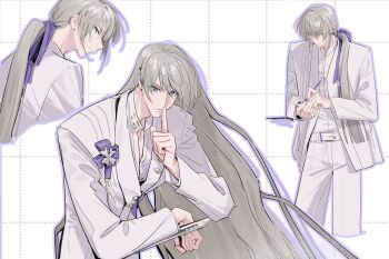 1boy absurdres blue_eyes closed_eyes collared_shirt cowboy_shot cropped_legs finger_to_mouth grey_hair grid_background hair_between_eyes hair_over_shoulder hair_ribbon highres jacket long_hair love_and_deepspace male_focus multiple_views official_alternate_costume official_alternate_hair_length official_alternate_hairstyle panties ponytail purple_ribbon ribbon shirt shiwu solo suit_jacket underwear upper_body white_jacket white_panties white_shirt writing xavier_(love_and_deepspace)