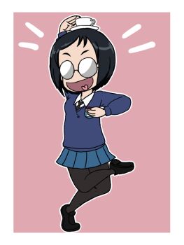Rule 34 | 1girl, black hair, black necktie, black pantyhose, black shoes, blue skirt, blue sweater, collared shirt, cup, cup on head, dancing, emblem, girls und panzer, glasses, katsuya megu, miniskirt, necktie, open mouth, pantyhose, pink background, pleated skirt, round eyewear, school uniform, shirt, shoes, short hair, simple background, skirt, smile, st. gloriana's (emblem), st. gloriana's school uniform, standing, standing on one leg, sweater, takahashi kurage, teacup, tongue, tray, white shirt, wing collar