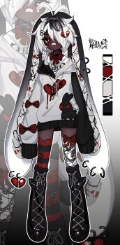 1girl absurdres adoptable antenna_hair bandaid bandaid_on_face bandaid_on_nose black_boots boots broken_heart broken_heart_hair_ornament closed_mouth cloud_(lufaeris) color_guide commentary dark-skinned_female dark_skin english_commentary full_body gradient_clothes gradient_veil grey_hoodie grey_veil hair_ornament hair_over_one_eye hairclip heart highres hood hood_down hoodie long_sleeves looking_at_viewer one_eye_covered original parallel_hairclips red_eyes red_thighhighs short_hair sleeves_past_fingers sleeves_past_wrists striped_clothes striped_thighhighs swept_bangs thigh_boots thighhighs veil white_hair zoom_layer