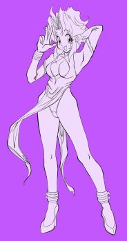 1girl :d ankle_cuffs arm_up arm_warmers armpits bad_id bad_pixiv_id cleavage_cutout clothing_cutout cosplay earrings ellis_(toushinden) female_focus full_body highres jewelry mitake830 mitake_2000 monochrome open_mouth pelvic_curtain purple_background purple_theme shoes short_hair smile sofia sofia_(cosplay) sofia_(toushinden) sofia_(toushinden)_(cosplay) solo standing tamsoft thong toushinden v