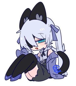 1boy :d animal_ear_fluff animal_ears bare_shoulders black_choker black_corset black_neckerchief black_skirt black_tail black_thighhighs blue_bow blue_cardigan blue_eyes bow cardigan cat_boy cat_ears cat_tail chibi chibi_only choker collared_shirt commentary corset crossdressing crossdressing_(mtf) double-parted_bangs eyepatch fang flipped_hair frilled_shirt_collar frills from_side full_body grey_shirt hair_between_eyes hair_bow hand_up high_heels jitome knees_up light_blush long_hair long_sleeves looking_at_viewer male_focus miniskirt neckerchief no_nose off_shoulder one_eye_covered op_na_yarou open_cardigan open_clothes open_mouth original parted_lips purple_shoes quad_tails reclining rigel_(op_na_yarou) shirt shoes sidelocks simple_background skin_fang skirt sleeveless sleeveless_shirt sleeves_past_fingers sleeves_past_wrists smile solo straight_hair tail thighhighs thighs trap very_long_hair watermark white_background white_hair