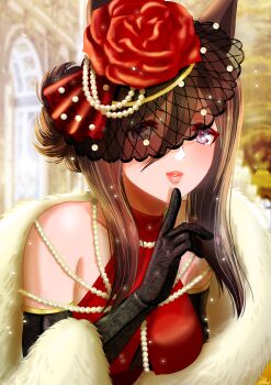 1girl animal_ears bare_shoulders black_gloves breasts brown_hair bush commentary_request dated_commentary dress elbow_gloves fascinator flower gem gloves hair_between_eyes hair_ornament highres horse_ears horse_girl long_hair looking_at_viewer medium_breasts otono_(bkt4b) parted_lips pearl_(gemstone) pink_lips purple_eyes red_dress red_flower red_rose rose seeking_the_pearl_(umamusume) shawl sleeveless sleeveless_dress smile solo string_of_pearls umamusume white_shawl