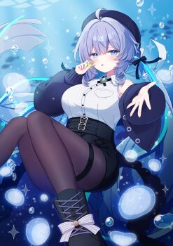 1girl :p absurdres ahoge air_bubble akikan_sabako bare_shoulders black_boots black_bow black_hat black_pantyhose black_ribbon black_shorts blue_cardigan blue_eyes blue_hair boots bow breasts bubble buttons cardigan closed_mouth collared_shirt commentary foot_out_of_frame hair_bow hair_intakes hand_up hat highres lace-up_boots large_breasts long_sleeves looking_at_viewer low_twintails multicolored_hair neck_ribbon off_shoulder open_cardigan open_clothes pantyhose purple_hair ramune_(vrchat) ribbon shirt short_shorts shorts sleeveless sleeveless_shirt solo sparkle streaked_hair tongue tongue_out twintails two-tone_hair underwater vrchat white_shirt